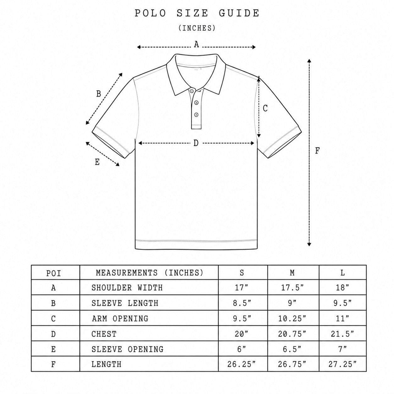 JR's Strawberry Milk polo shirt size guide chart with measurements for shoulder, sleeve, chest, and length.